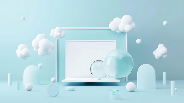 Photo abstract 3d render of geometric shapes and clouds in pastel blue