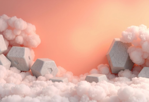 Photo abstract 3d rendering of geometric shapes in a pink cloudy background