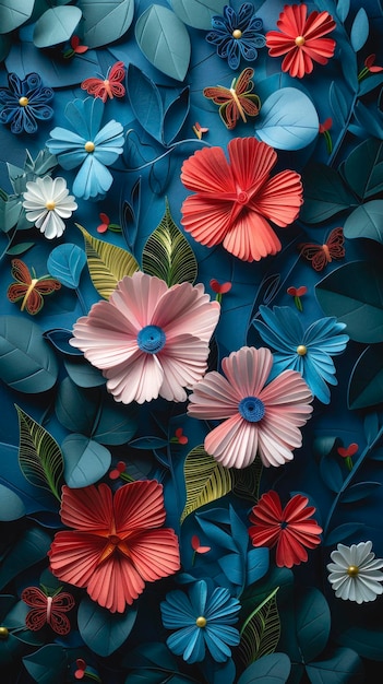 Abstract art background with colorful paper flowers and butterflies