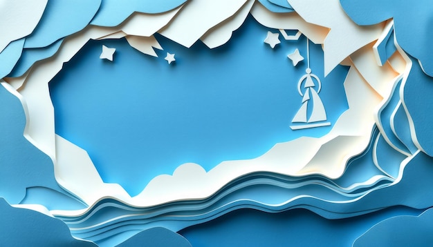 Photo abstract blue and white paper art with a sailboat in a cave