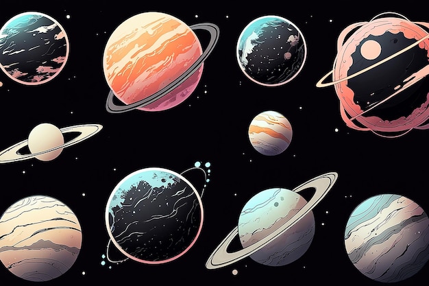 Photo abstract doodlestyle planets black outline vector illustration