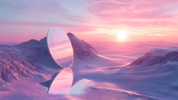 Photo abstract factasy and realistic mirror in desert background futuristic fantastic scenery style s