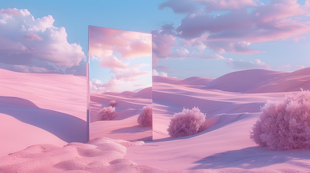 Photo abstract factasy and realistic mirror in desert background futuristic