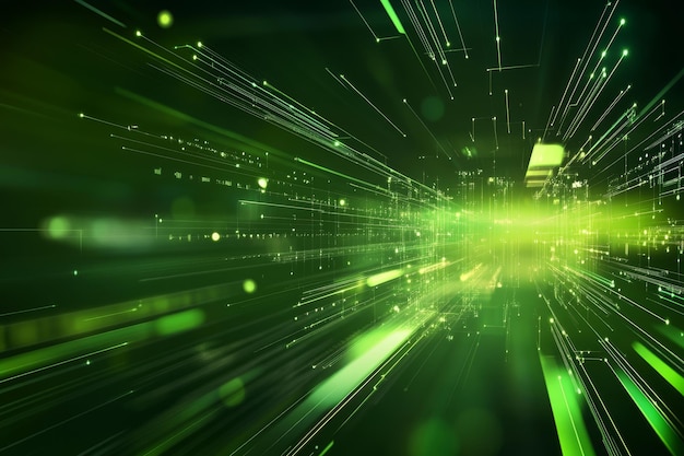 Photo abstract green digital technology background with lines and light streaks