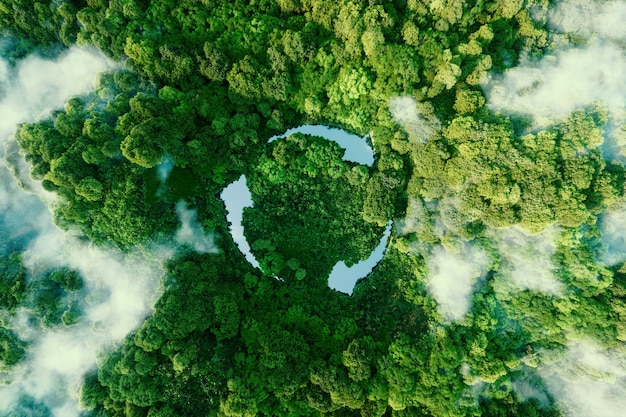 Photo abstract icon representing the ecological call to recycle and reuse in the form of a pond with a recycling symbol in the middle of a beautiful untouched jungle. 3d rendering.