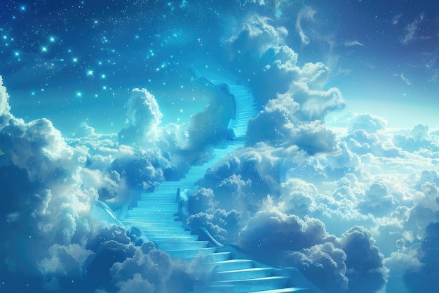 Photo an abstract image of a staircase twisting up into the sky merging with clouds and stars it