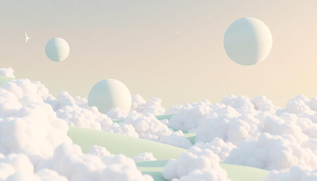 Photo abstract landscape with fluffy clouds and three spheres