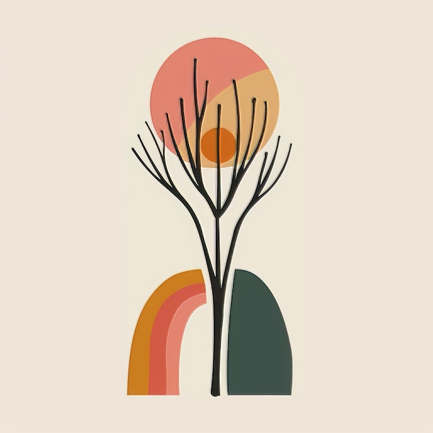 Photo abstract minimalistic composition with tree and sun vector hand drawn illustration