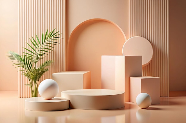 Photo abstract minimalistic scene with geometric forms podium on peach color background with shadows product presentation mock up show cosmetic product display podium