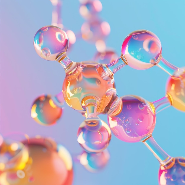 Photo abstract molecular structure with iridescent spheres and transparent bonds against a blue and pink gradient background