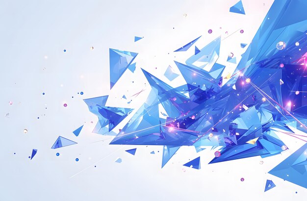 Photo abstract polygonal background with flying blue triangles and pink particles on a white backdrop