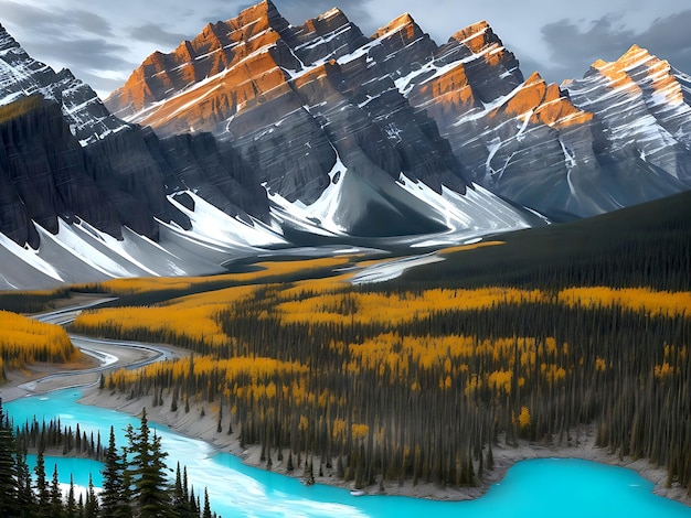 An abstract representation of the rugged terrain of Banff National Park Canada with vibrant colors