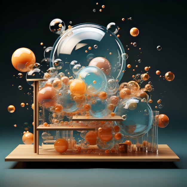 abstract scene with bubbles and a wooden shelf 3d rendering