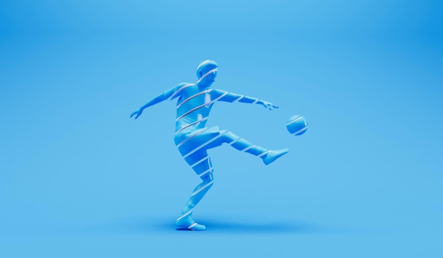 Abstract sliced football soccer player kicking a ball 3D Rendering