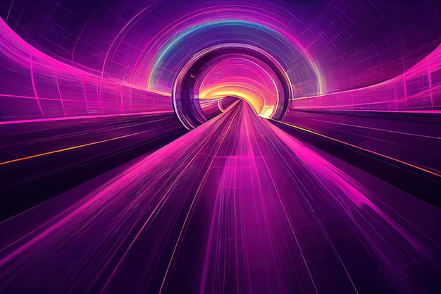 Abstract tunnel neon lights background violet curves motion effect digital illustration