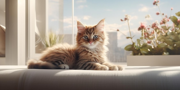 An adorable little kitten is lying down in a square bed