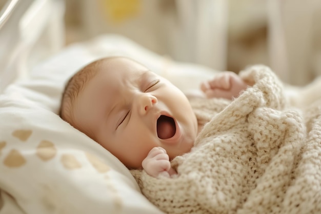 Photo adorable newborn baby yawning while sleeping peacefully