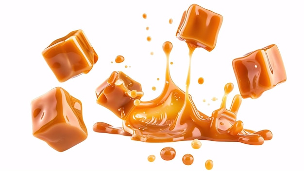 Photo aerial caramel confections on a blank backdrop drifting caramel squares with liquefying burst of caramel