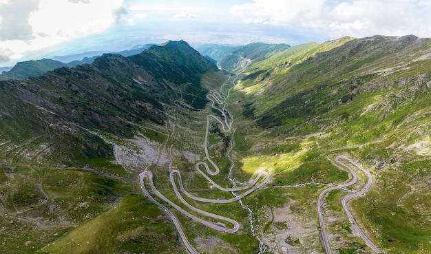 Aerial drone panoramic view of Transfagarasan route nature in Romania