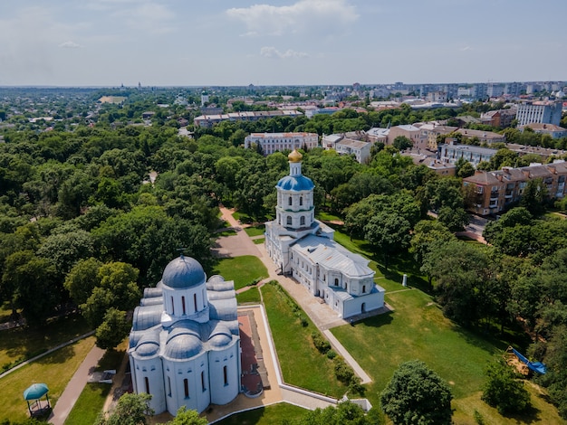 Aerial drone view of chernihiv city center