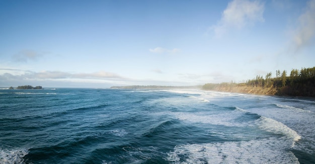 Aerial panoramic seascape view during a vibrant winter morning