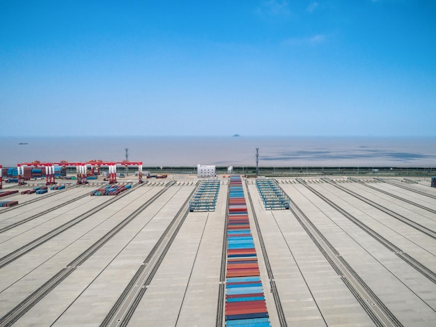 Aerial photographing of container area of harbor and large crane