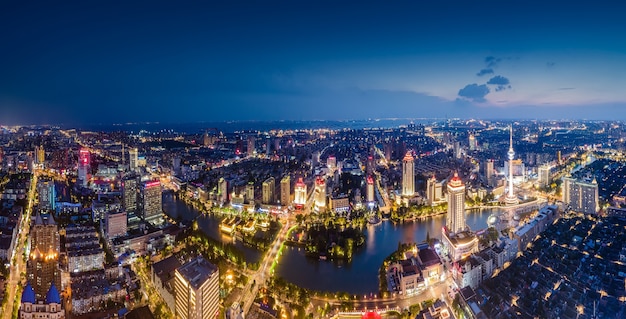 Aerial photography of the city scenery of Nantong, Jiangsu at night