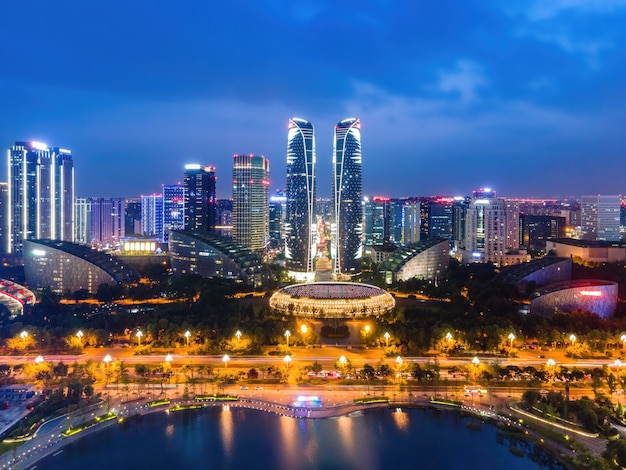 Aerial photography of the modern building skyline night view of Chengdu Financial Center