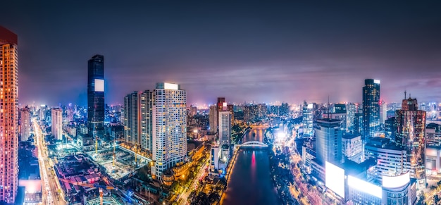 Aerial photography of Ningbo city architecture landscape night view