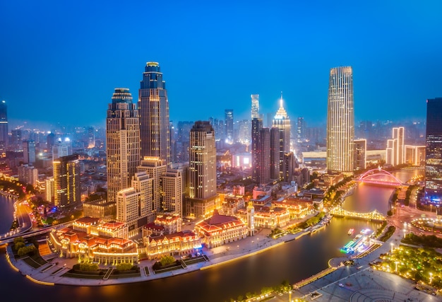 Aerial photography of skyline night scene of Tianjin urban architectural landscape