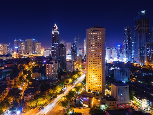 Aerial photography of skyline night scene of Tianjin urban architectural landscape