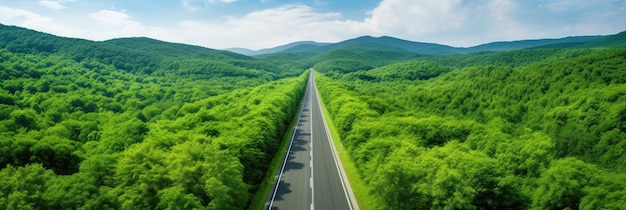 Photo aerial view asphalt road and green forest