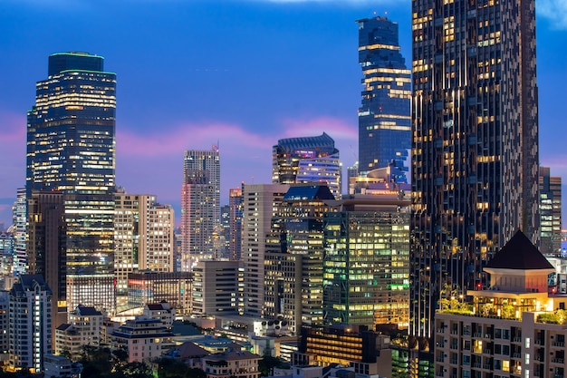 Aerial view beautiful sunset  Bangkok city downtown skyline landscape Bangkok Thailand