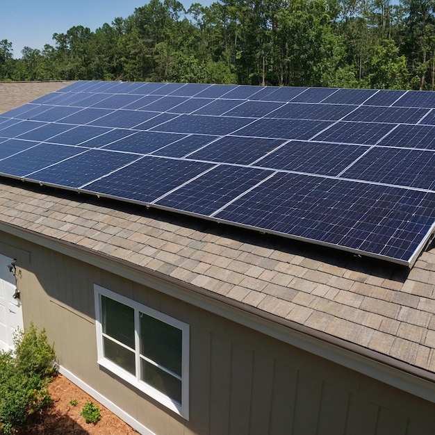 Photo aerial view of blue photovoltaic solar panels mounted on industrial building roof