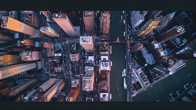 Photo aerial view on city by water