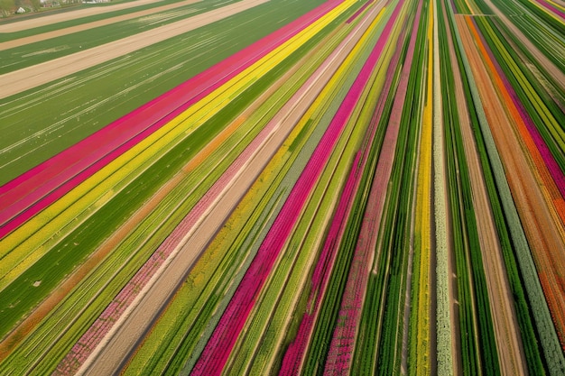 Photo an aerial view of colorful striped fields showcasing rows of vibrant tulips in full bloom creating a mesmerizing patterned landscape