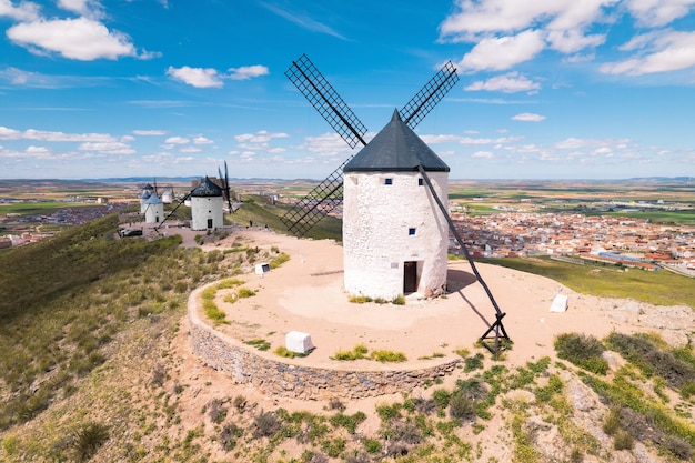 Aerial view of Don Quixote windmills in Consuegra Toledo Spain High quality photography