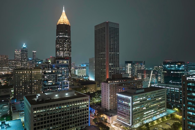 Aerial view of downtown district of Atlanta city in Georgia USA Brightly illuminated high skyscraper buildings in modern american midtown