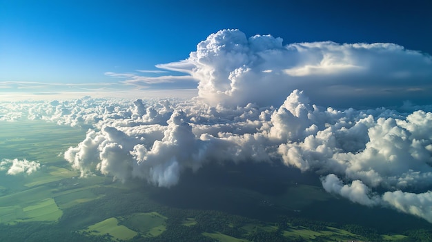 Photo aerial view of fluffy white clouds over green fields on a sunny day