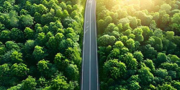 Photo aerial view of forest road with sun flares highlighting sustainability values concept nature conservation aerial photography sustainability forest preservation sun flares