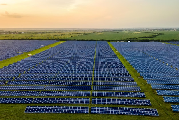 Aerial view of large sustainable electrical power plant with many rows of solar photovoltaic panels for producing clean electric energy in evening Renewable electricity with zero emission concept