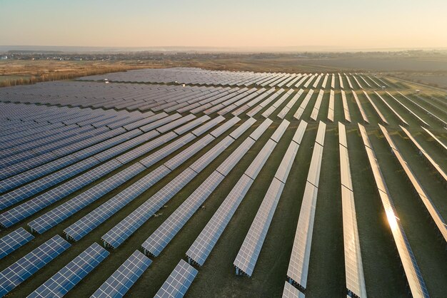 Aerial view of large sustainable electrical power plant with rows of solar photovoltaic panels for producing clean electric energy in evening Concept of renewable electricity with zero emission