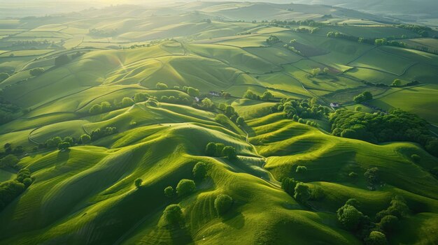 Photo aerial view of lush rolling green hills and valleys under a soft golden light capturing the serene beauty of the countryside