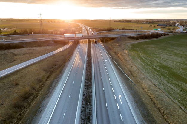 Aerial view of modern highway road intersection