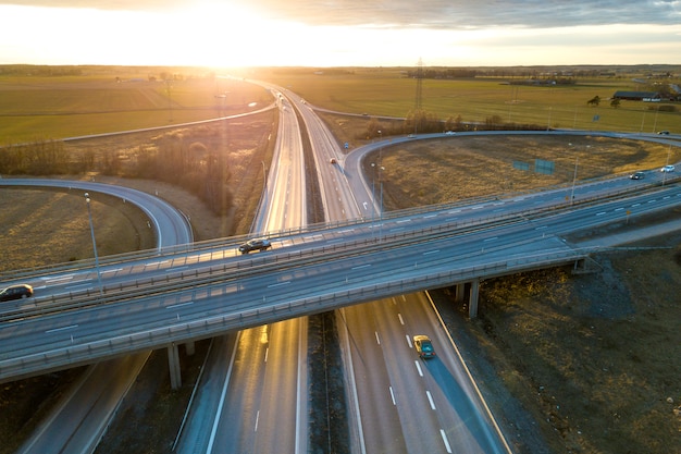 Aerial view of modern highway road intersection