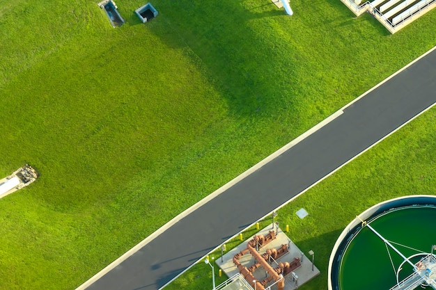 Aerial view of modern water cleaning facility at urban wastewater treatment plant Purification process of removing undesirable chemicals suspended solids and gases from contaminated liquid