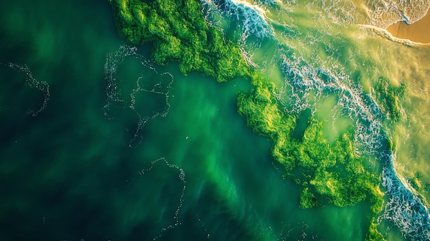 Photo aerial view of an ocean with green algae bloom