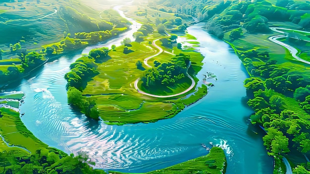 Photo aerial view of a river and green hills