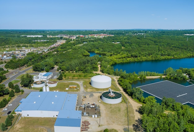 Aerial view of the solid clarifier tank type sludge recirculation in water treatment plan