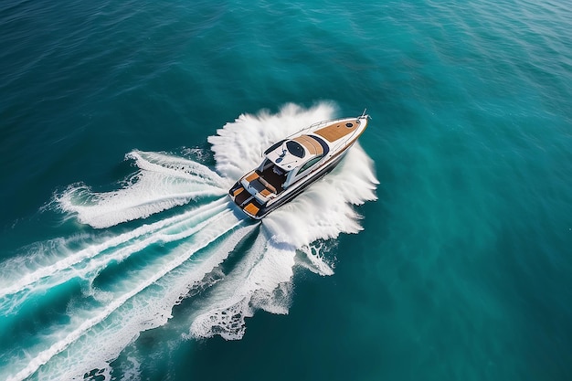 Foto vista aerea di una speed boat nel mare che fa un cerchio